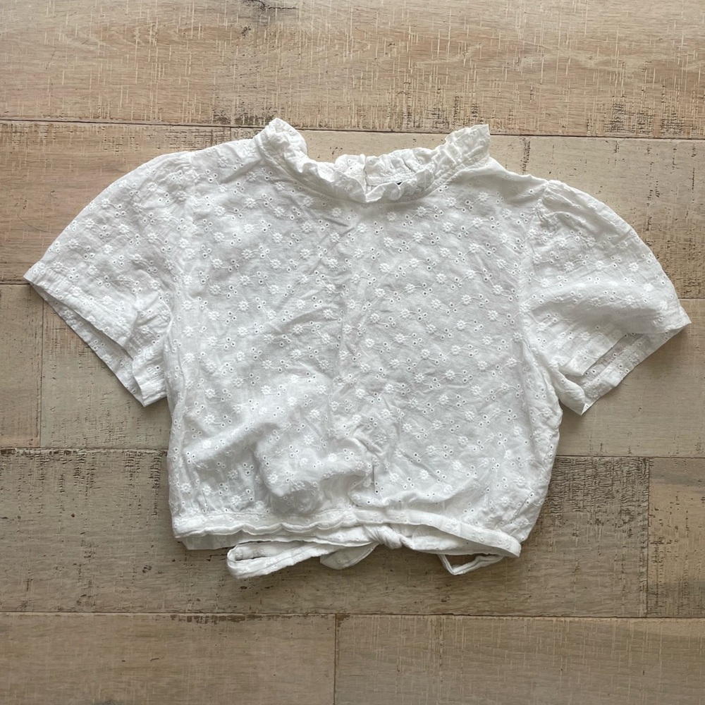 SHEIN Size Medium White Eyelet Top Crop Top with Ruffles Open Tie Back Lace